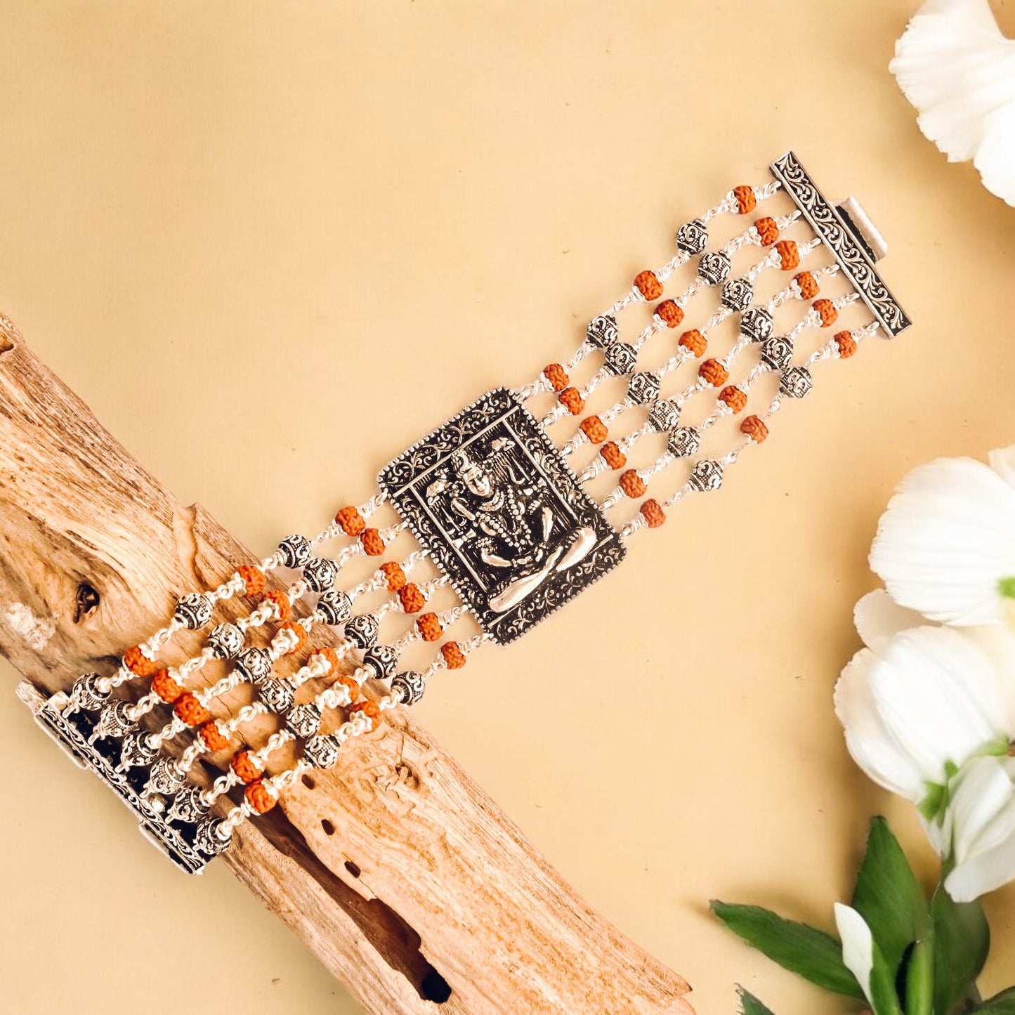 Rudraksha Silver Shiva Six Lines Bracelet