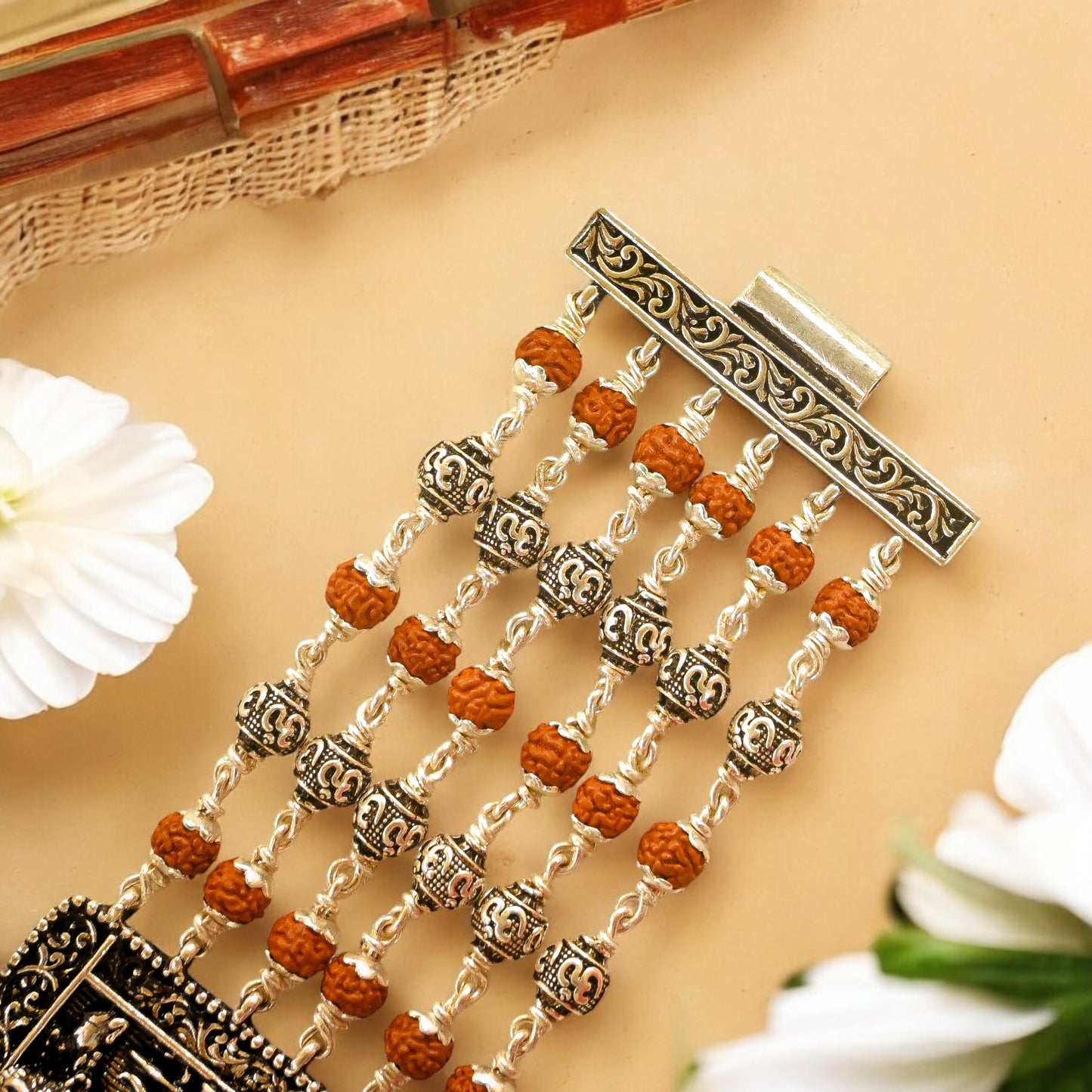 Rudraksha Silver Shiva Six Lines Bracelet