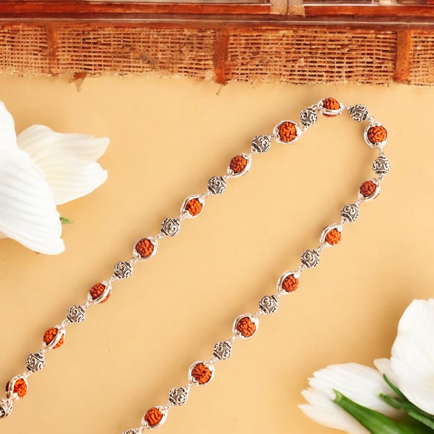 Rudraksha Om brads Capping Silver Mala