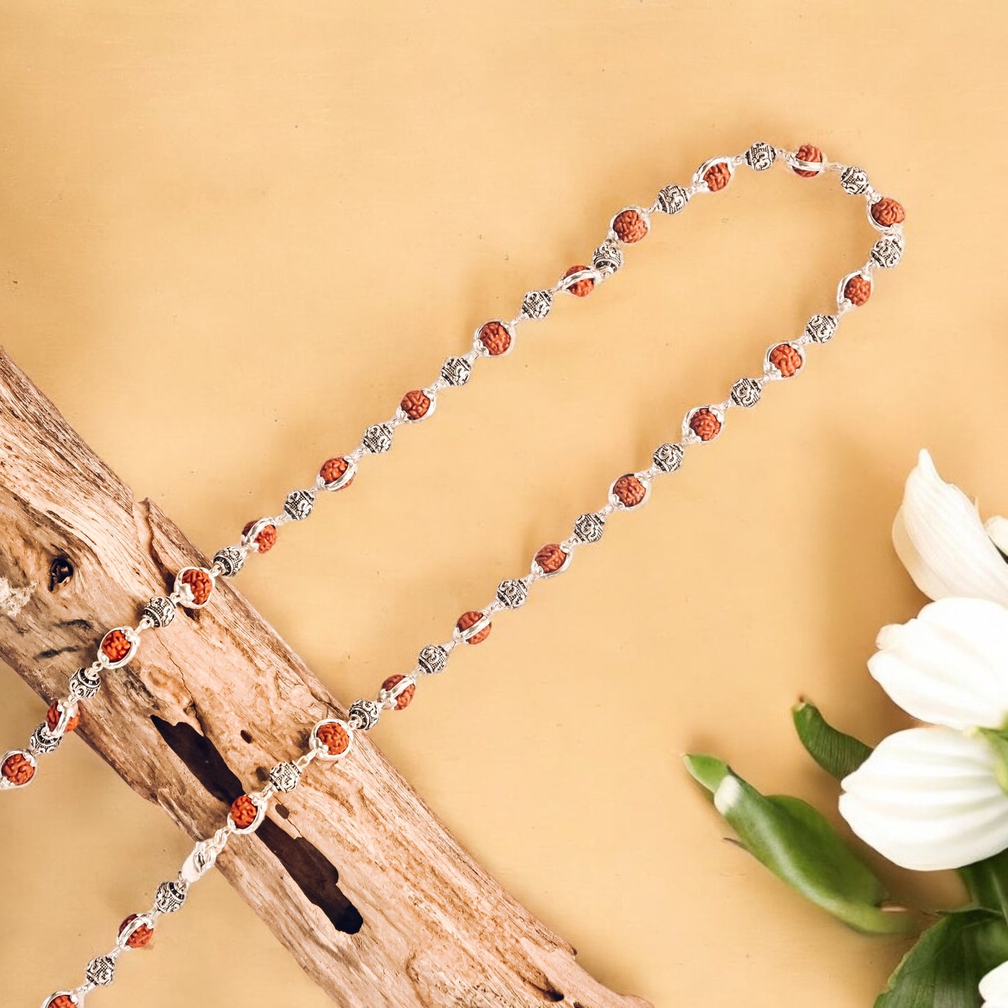 Rudraksha Om brads Capping Silver Mala