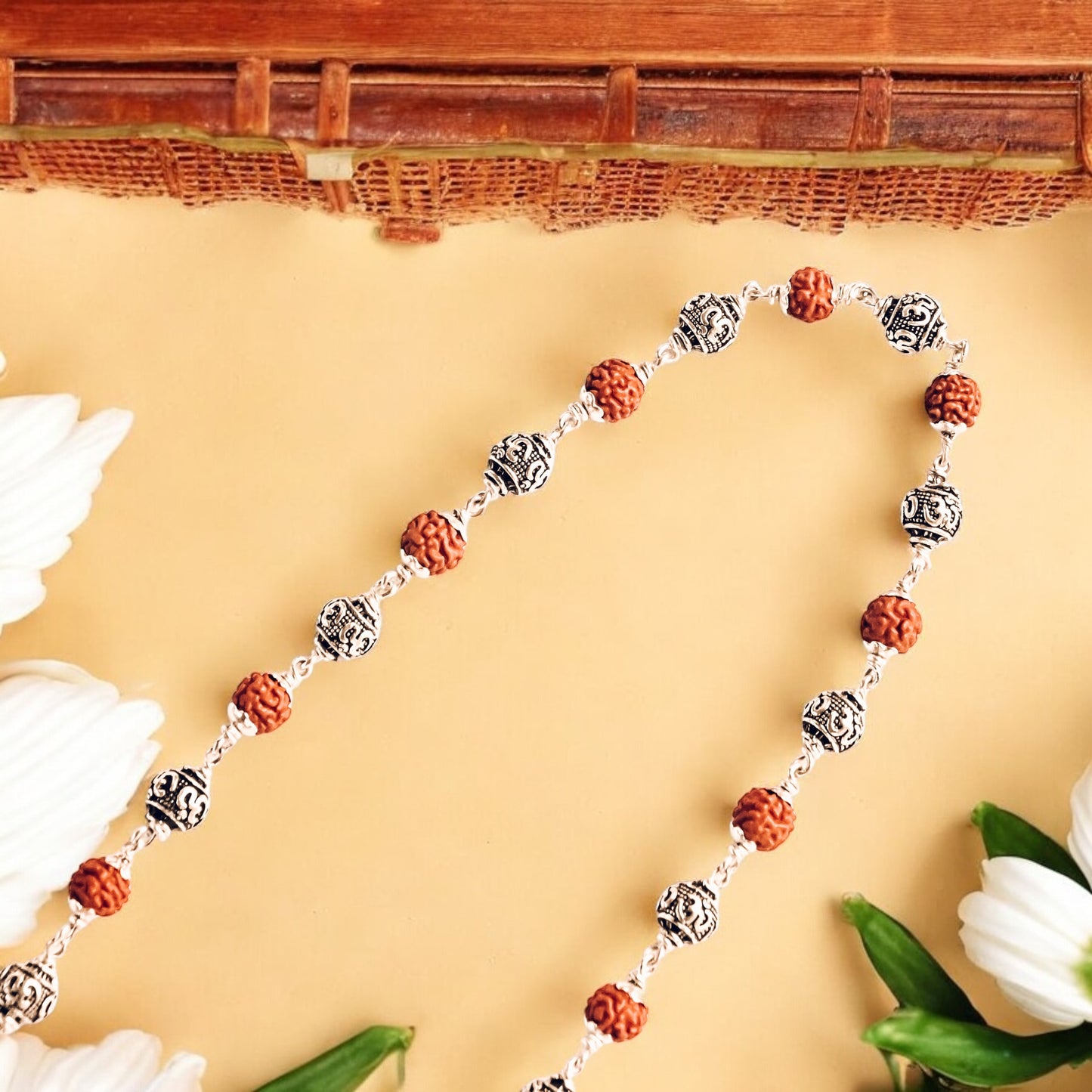 OM beads Rudraksha Silver Mala