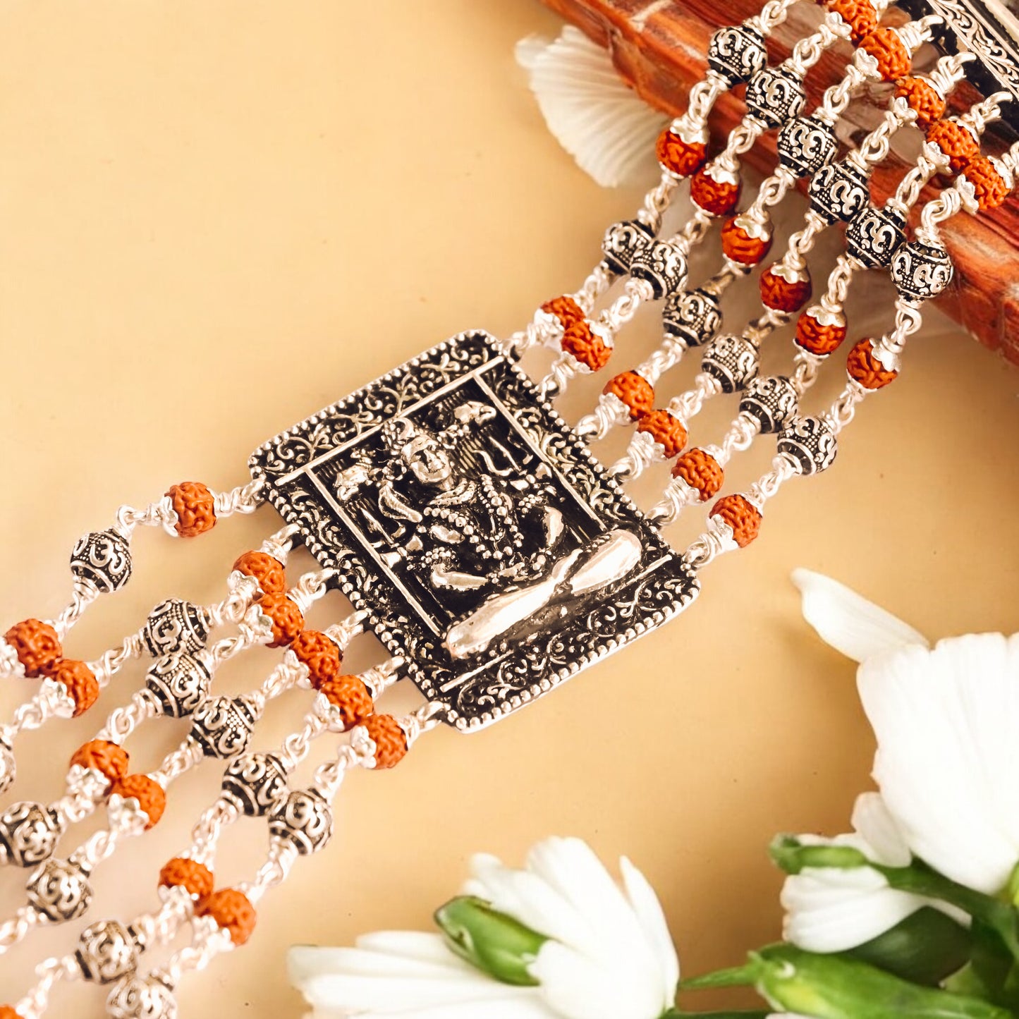 Rudraksha Silver Shiva Six Lines Bracelet
