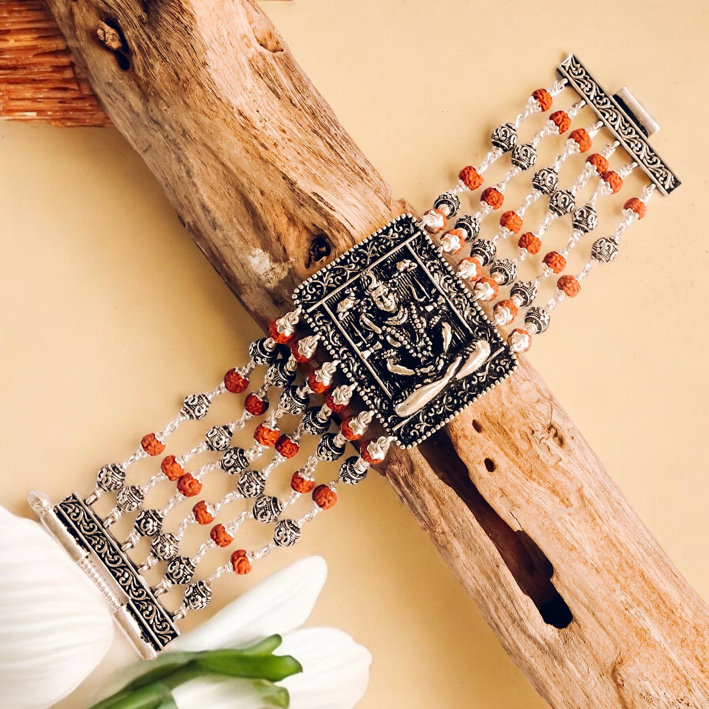 Rudraksha Silver Shiva Six Lines Bracelet