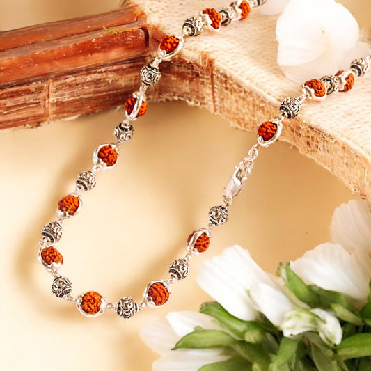 Rudraksha Om brads Capping Silver Mala