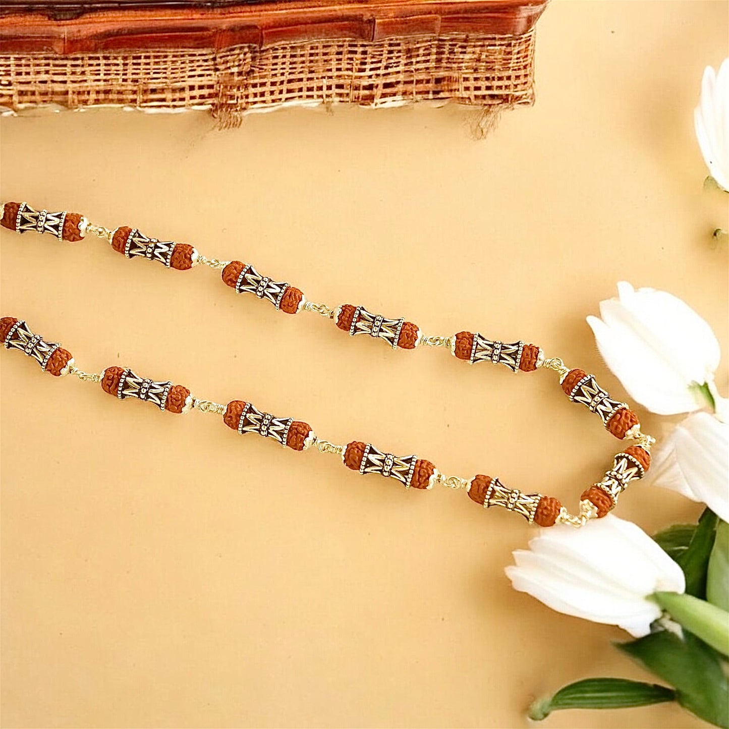 Damru Beads Rudraksha Silver Mala