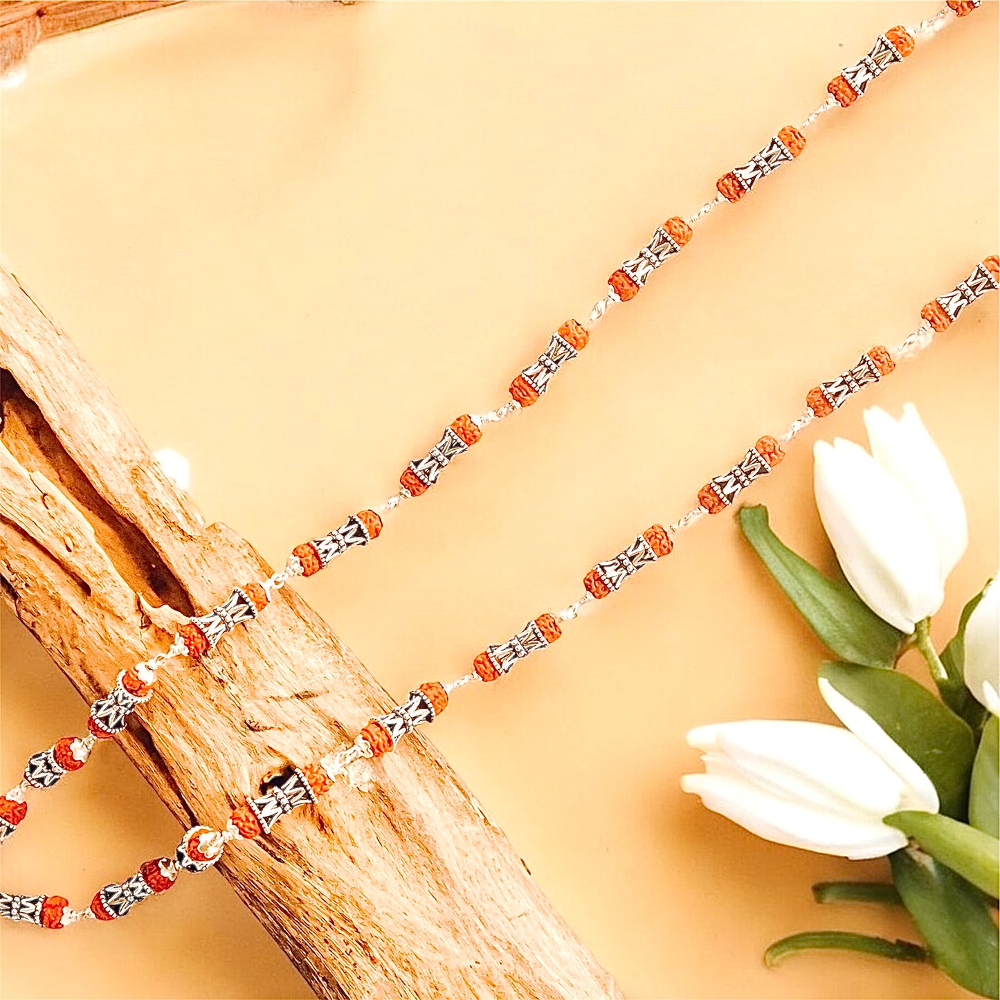 Damru Beads Rudraksha Silver Mala