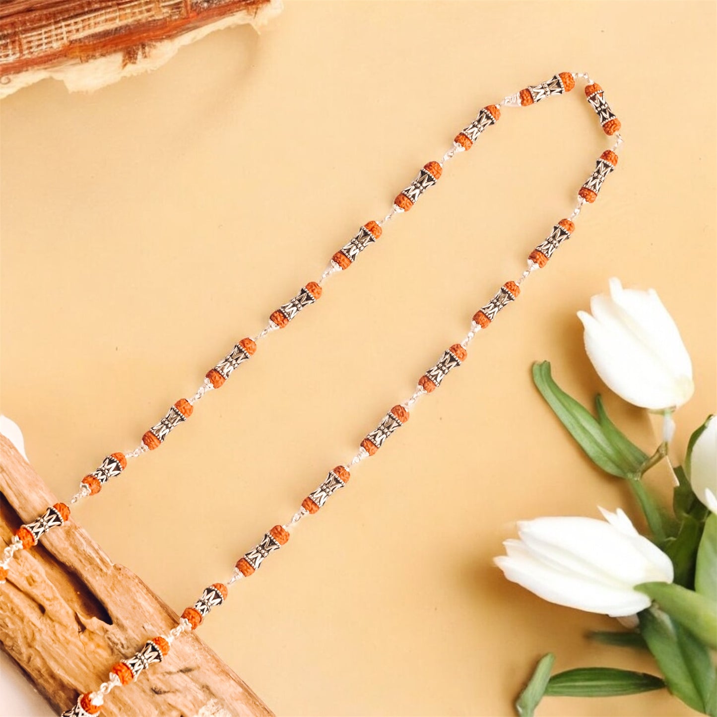 Damru Beads Rudraksha Silver Mala
