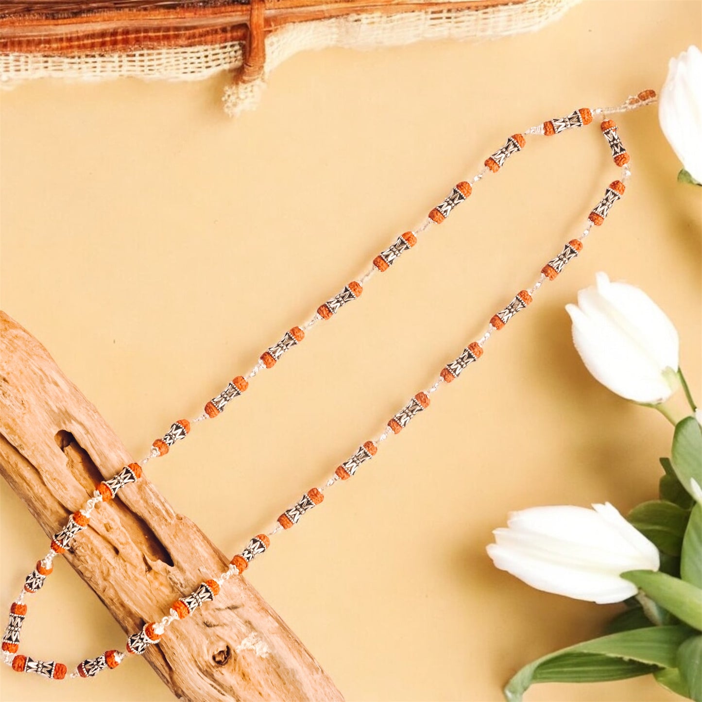Damru Beads Rudraksha Silver Mala