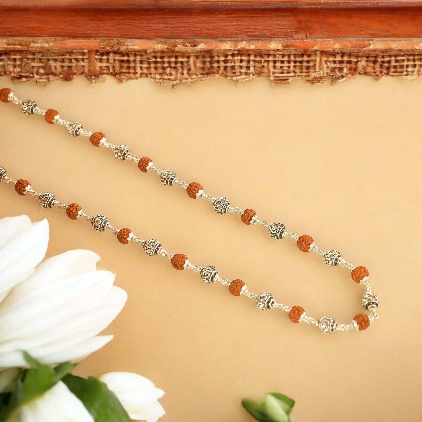OM beads Rudraksha Silver Mala