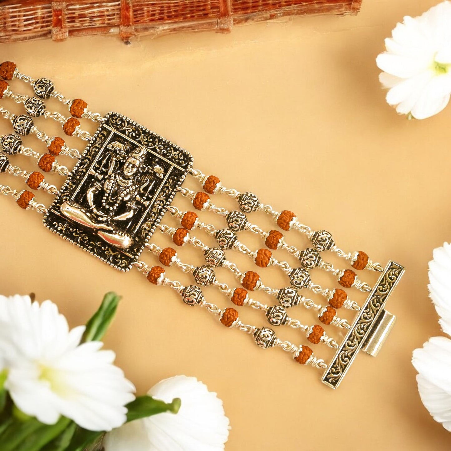 Rudraksha Silver Shiva  Six Lines Bracelet