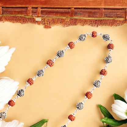 OM beads Rudraksha Silver Mala