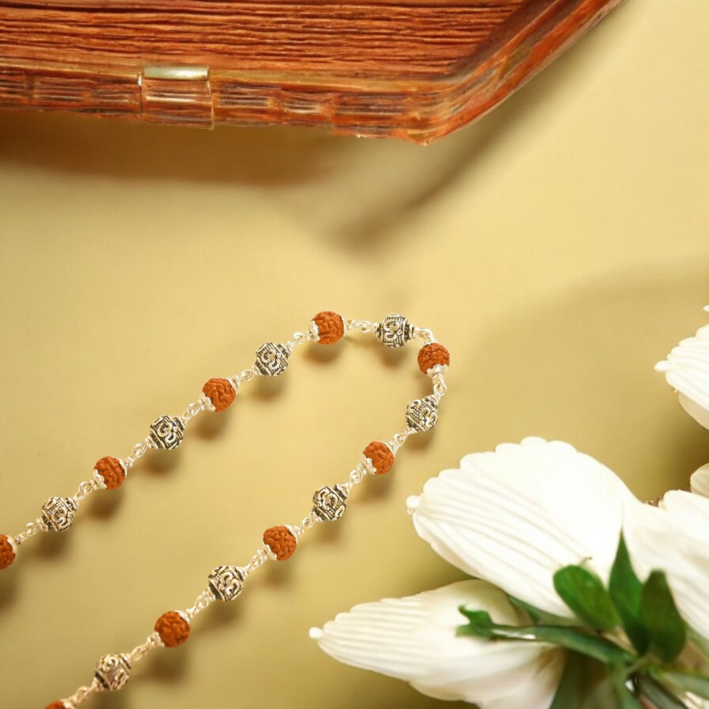 OM beads Rudraksha Silver Mala