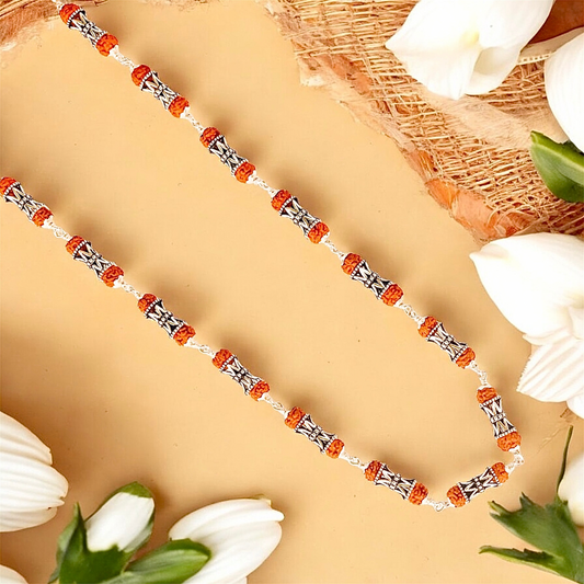 Damru Beads Rudraksha Silver Mala